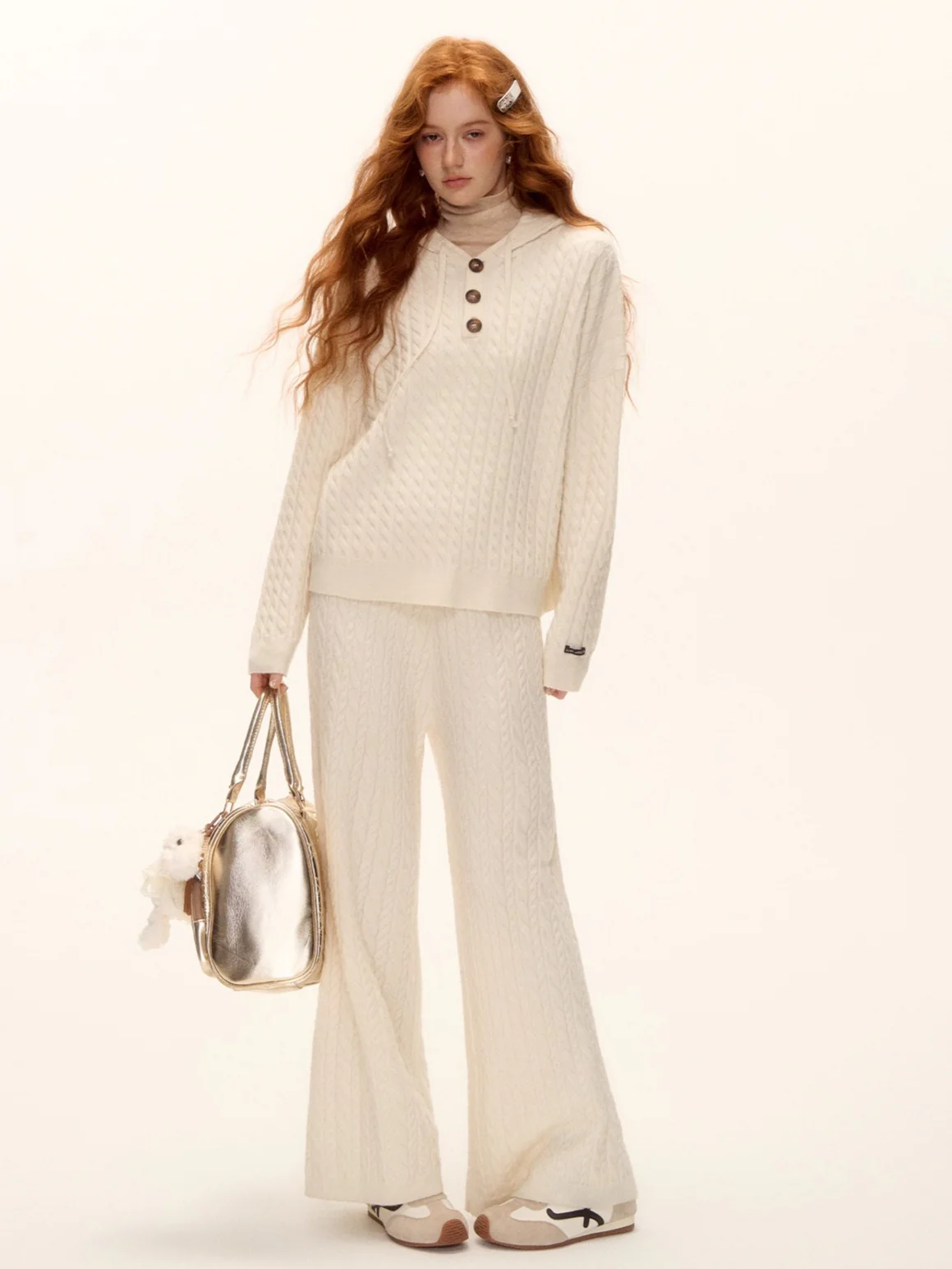 Wool Blend Cable Knit Hoodie & Wide-Leg Pants Set