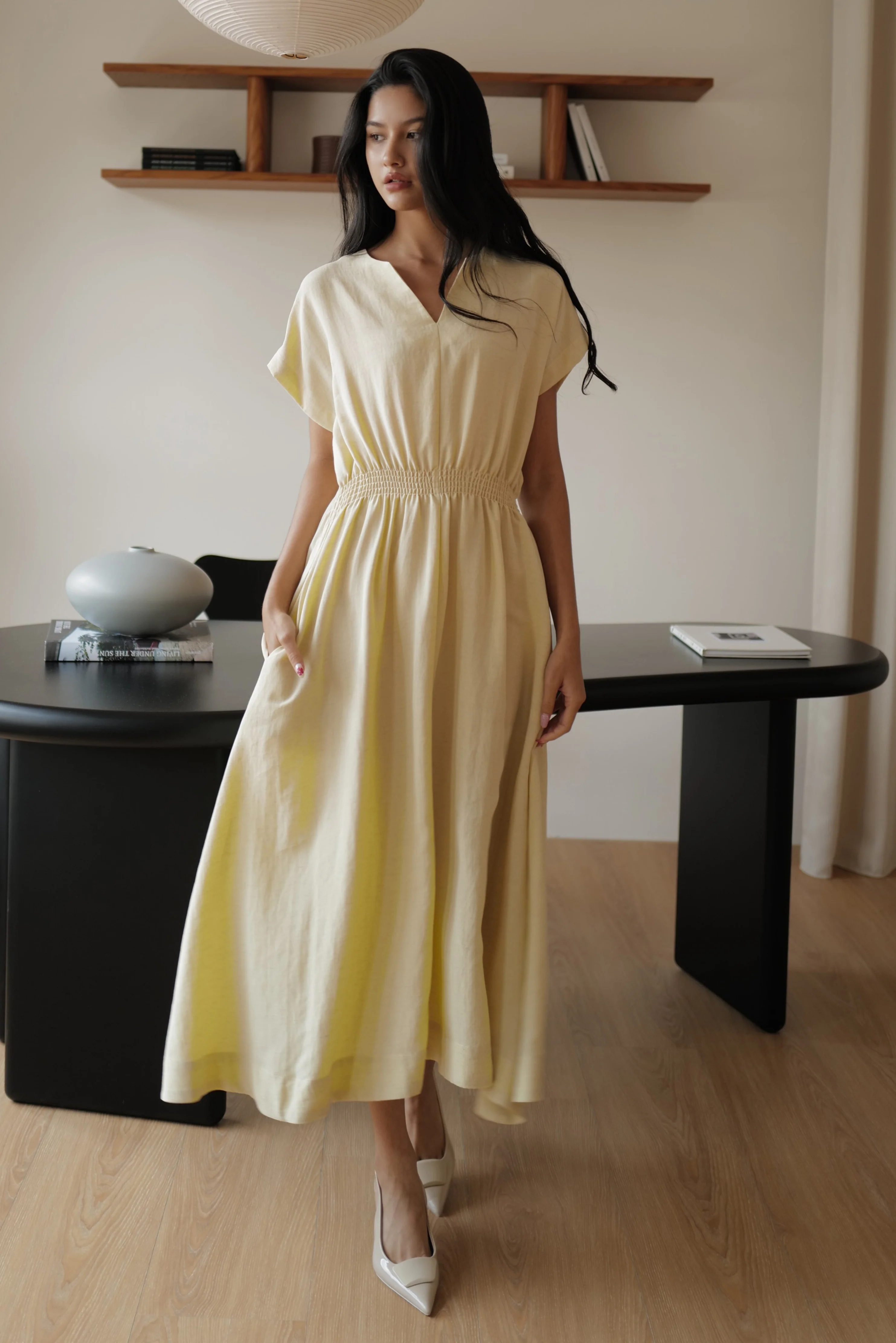 Camille elastic waist linen dress in wasabi yellow