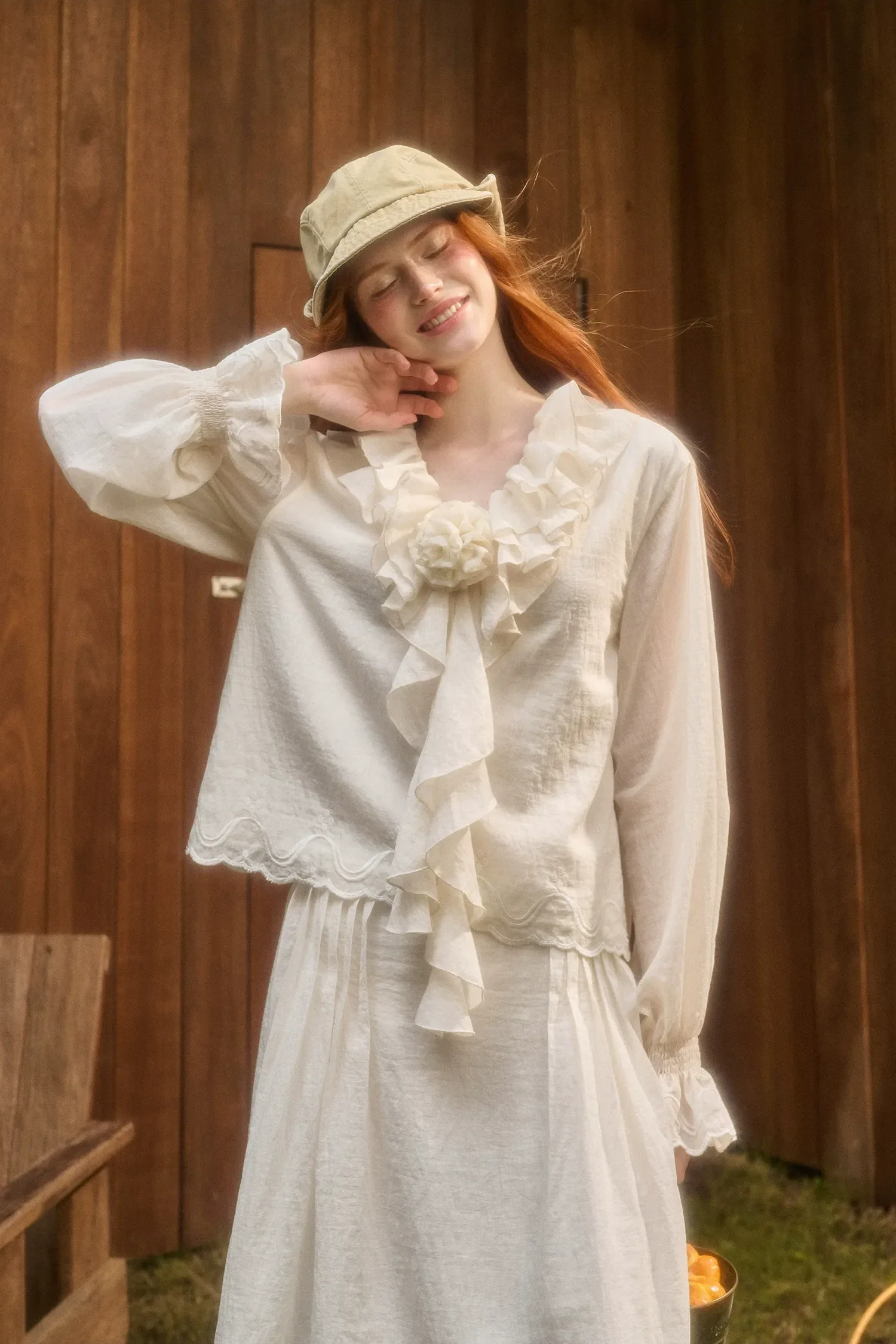 Embroidered Ruffle Blouse Skirt Set