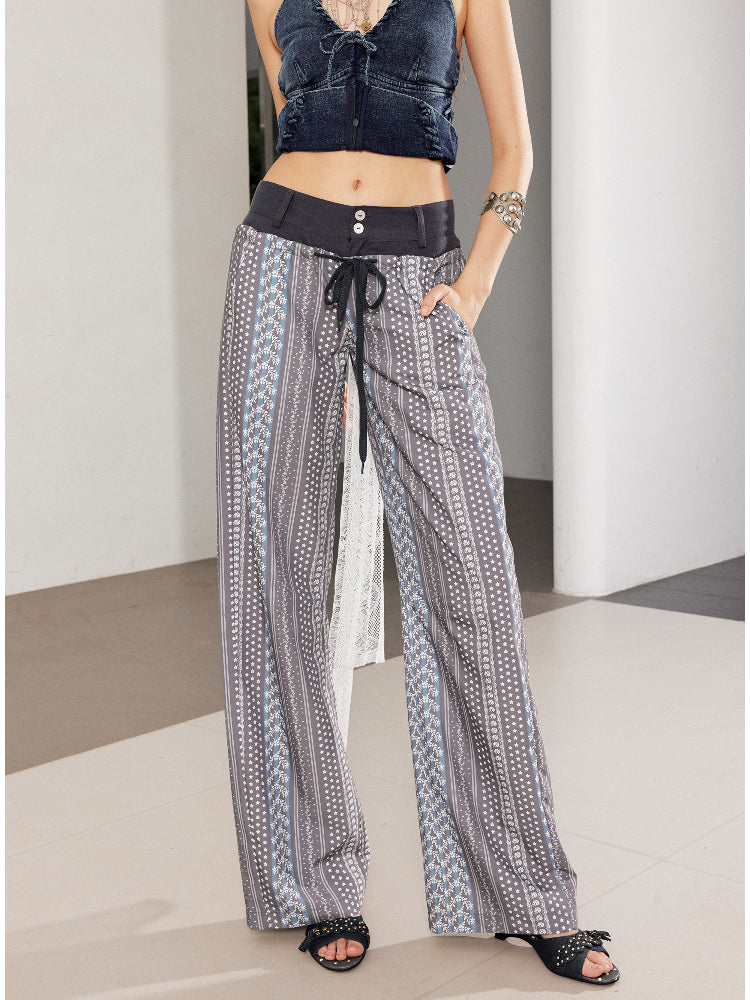 Printed Spliced Low-Waist Striped Wide-Leg Pants