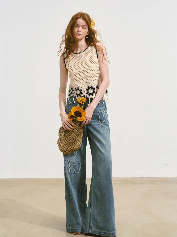 Raw-edge Flower-Patch Straight-leg Jeans