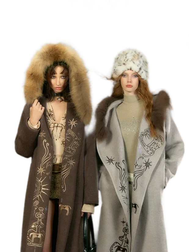 Embroidered Hooded Wool Coat