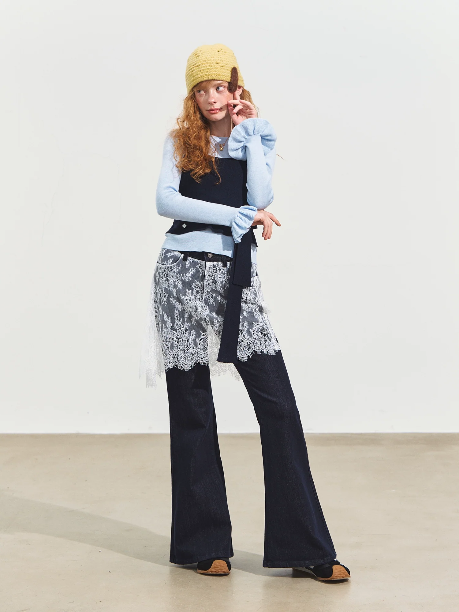 Contrast-Tie Layered Crewneck Knit Sweater
