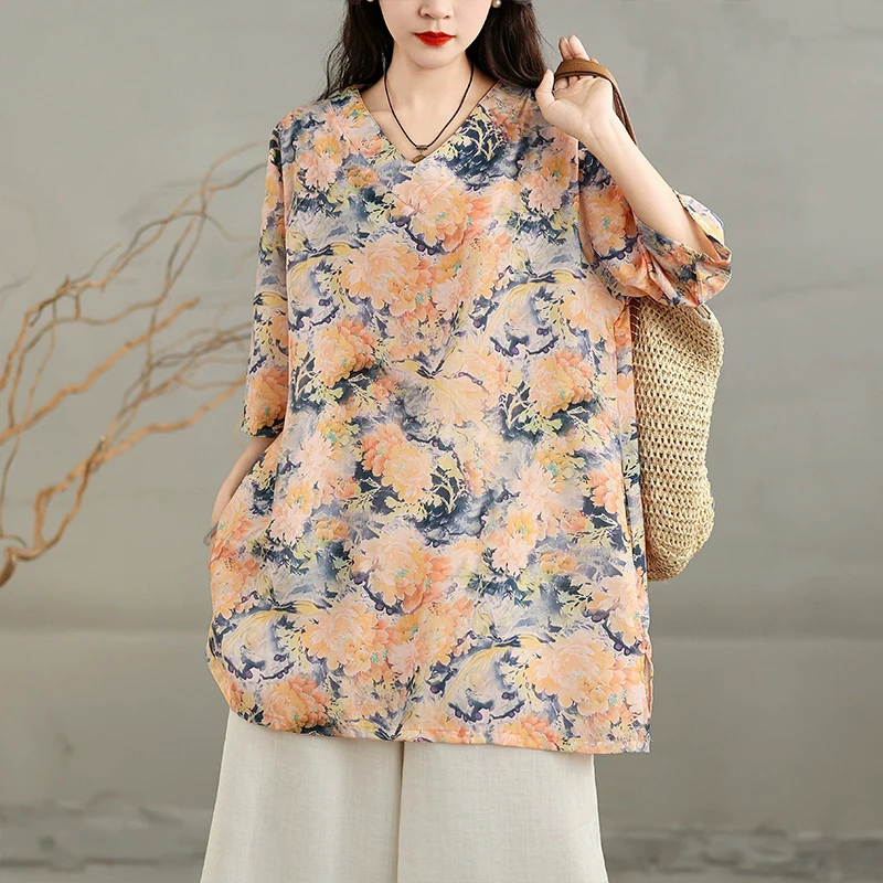 Ladies Retro Printed Loose V-Neck Mid-Length Cotton Linen T-Shirt