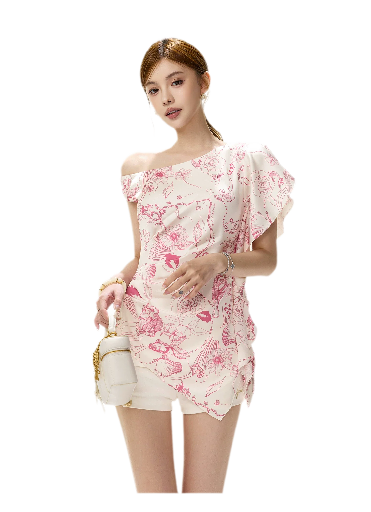 Printed One-Shoulder Ruffle Top