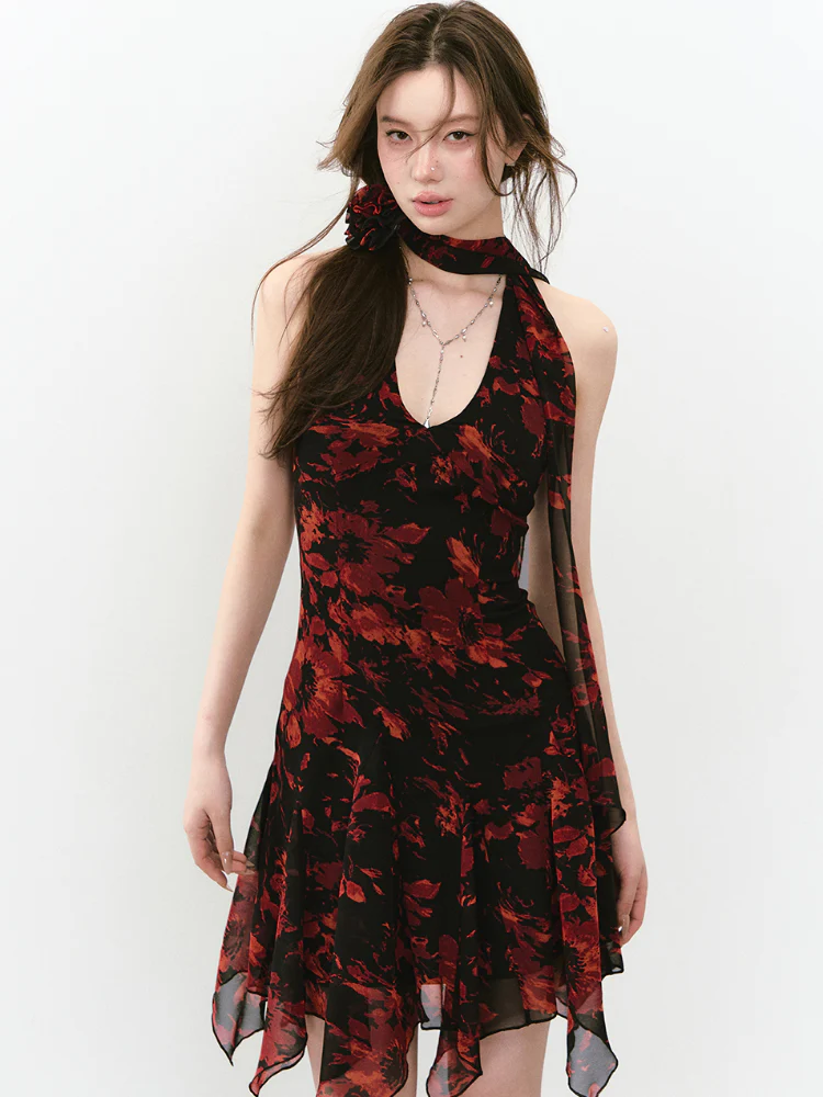 Blue Halter Printed Dress