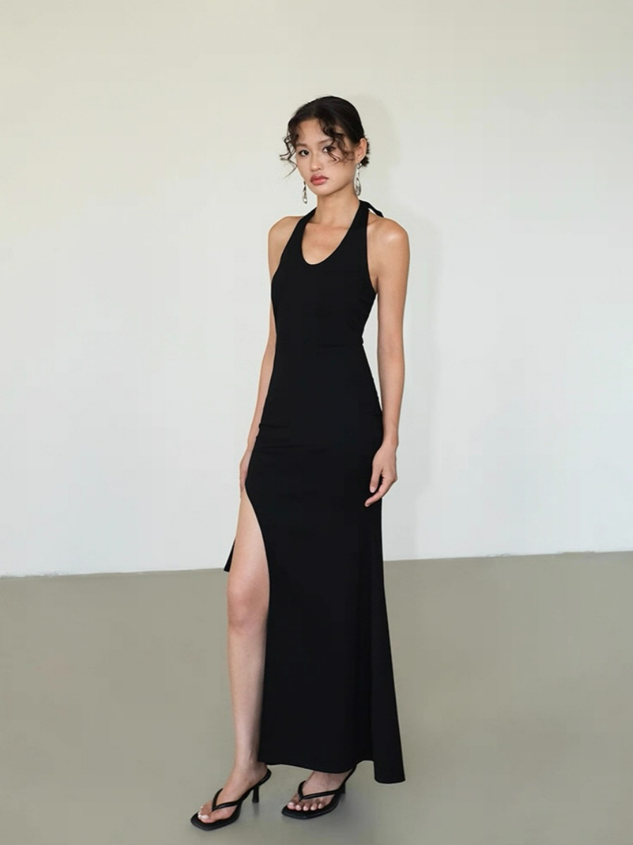 Alicia V-Neck High Slit Halter Tie Knit Dress