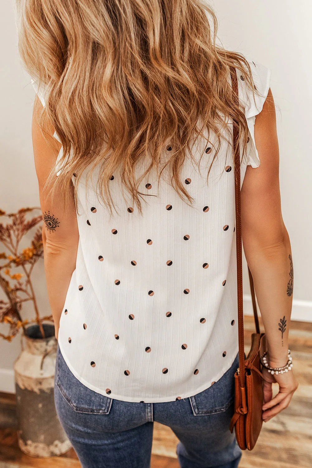 Polka Dot Print Ruffled Shoulder V Neck Tank Top