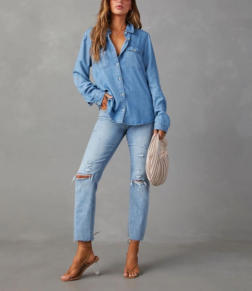 Sleeve Shirt Loose-Fit Long Denim V-Neck