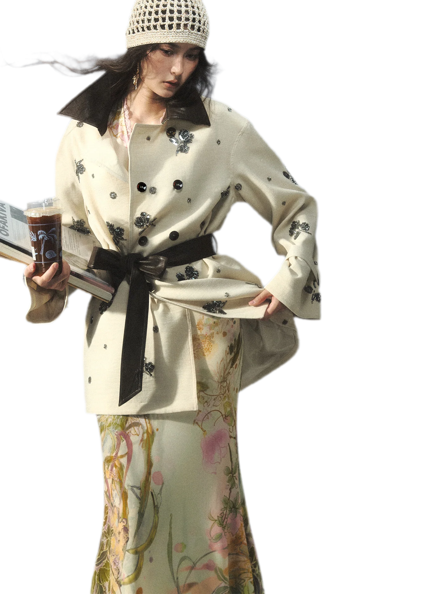 Beaded Embroidered Leather-Trim Trench Coat