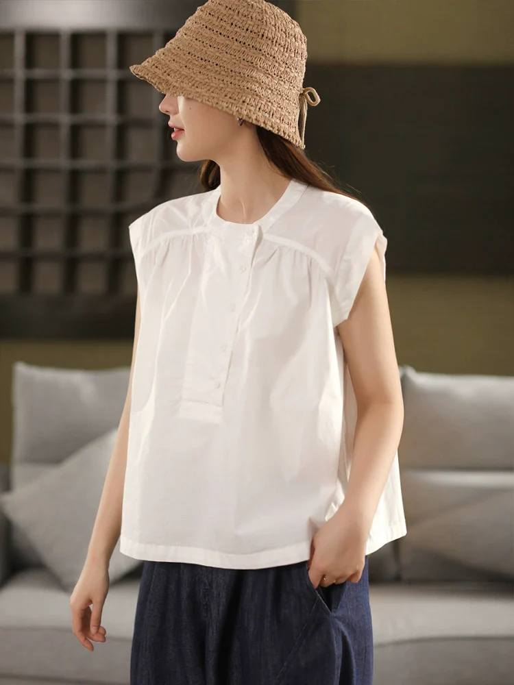 Women Summer Vintage Cotton Shirt Stand Collar Sleeveless Blouse