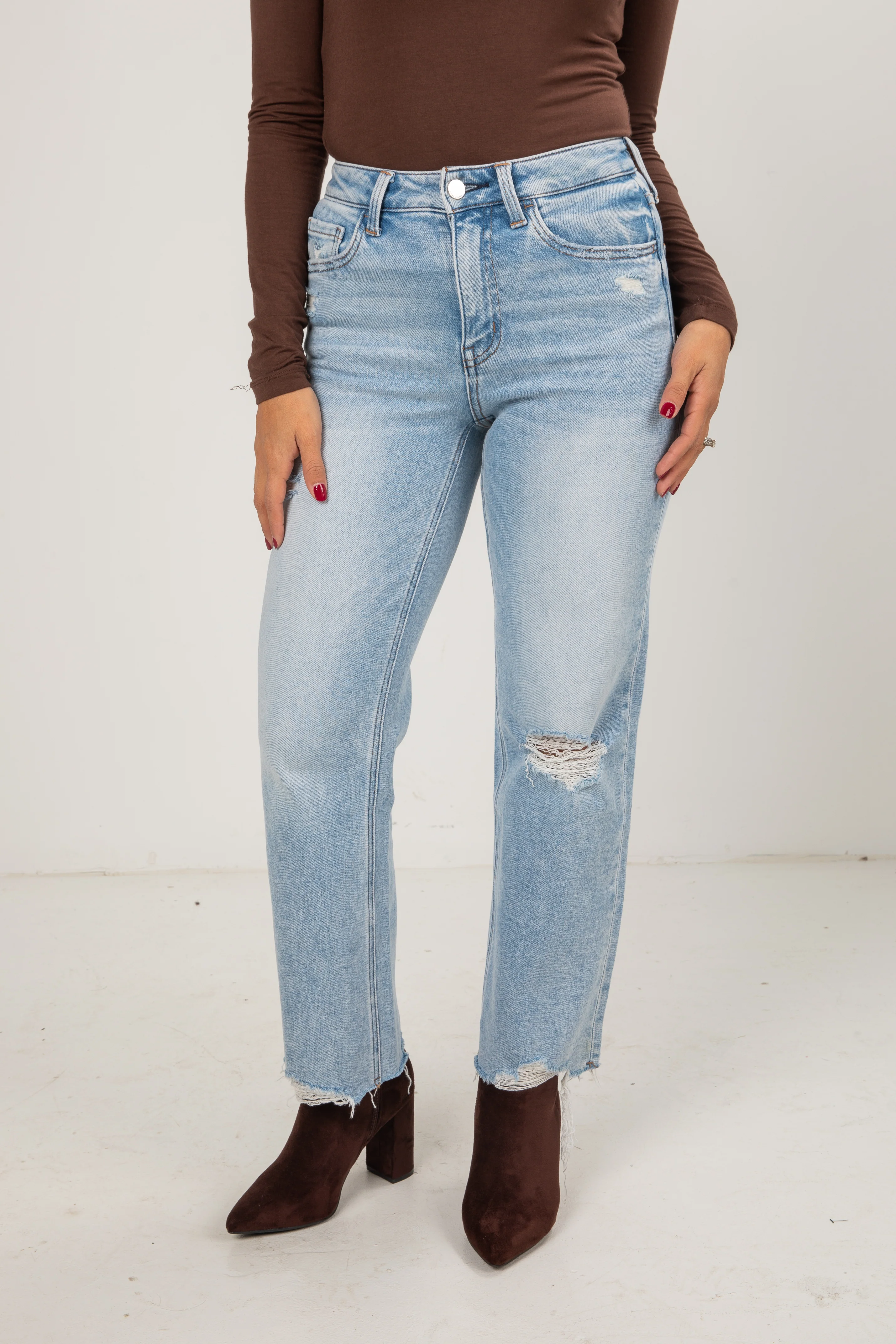 Light Wash High-Rise Distressed Slim Wide Leg Jeans