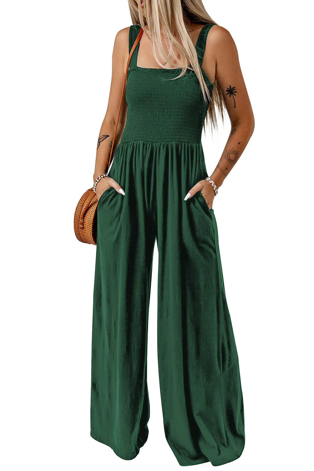 Smocked Sleeveless Wide Leg Jumpsuit