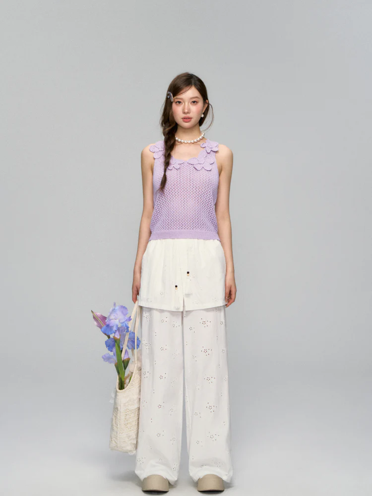 Hollow-Out Fauk Two Piece High-Waist Pants