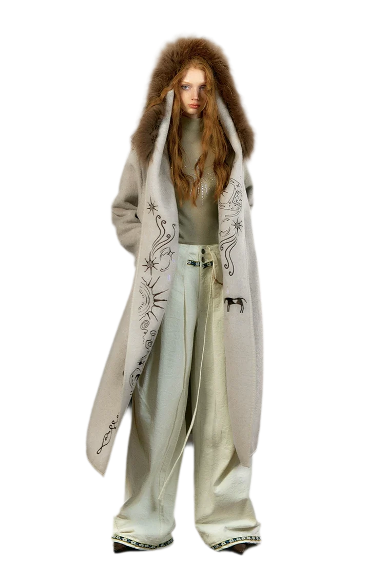 Embroidered Hooded Wool Coat