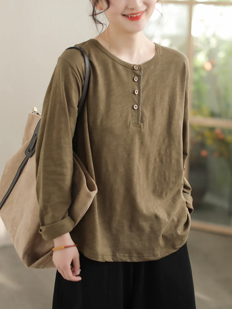 Women Solid Color  Long-Sleeved Slub Cotton T-shirt