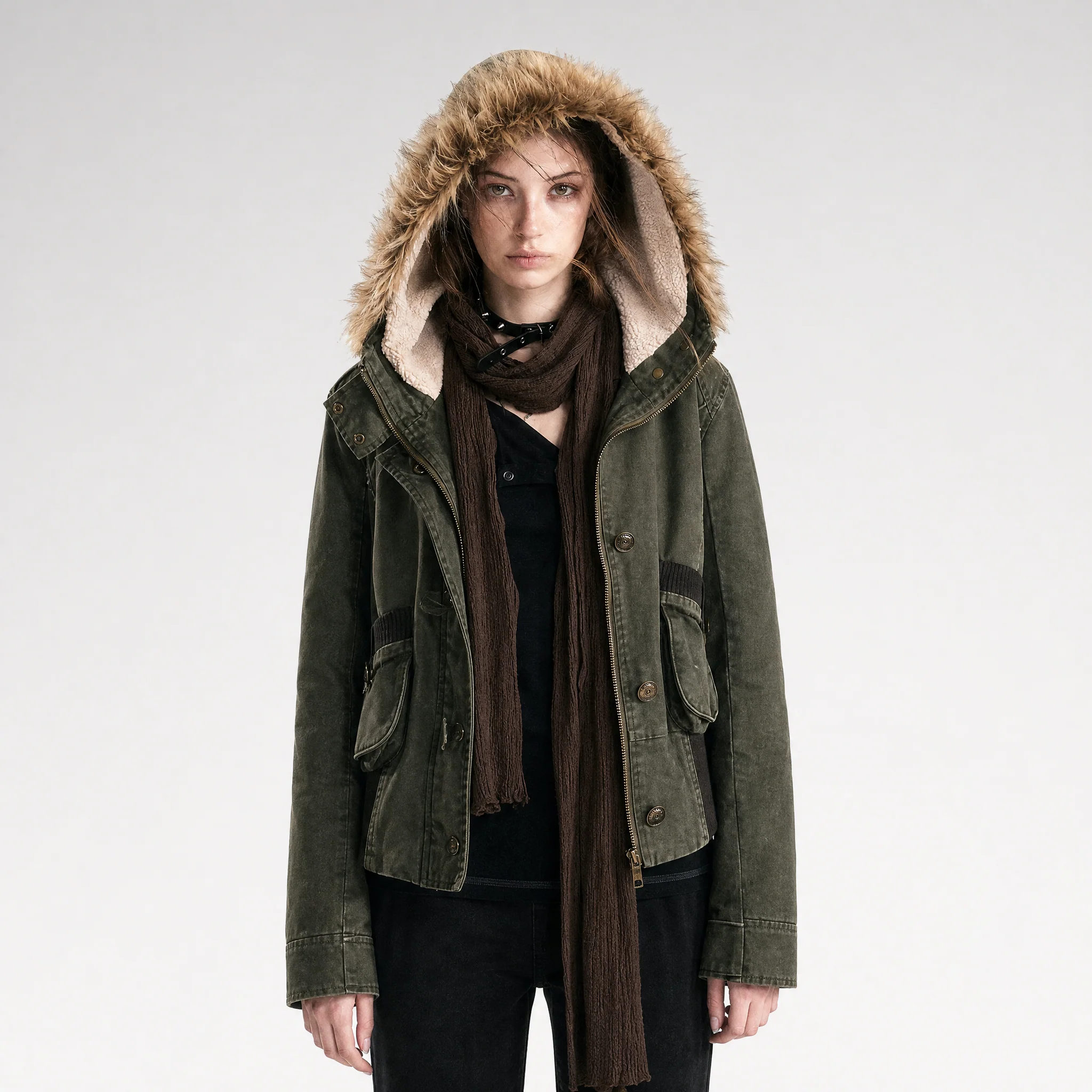 Washed Quilted Fur-Trim Hooded Jacket