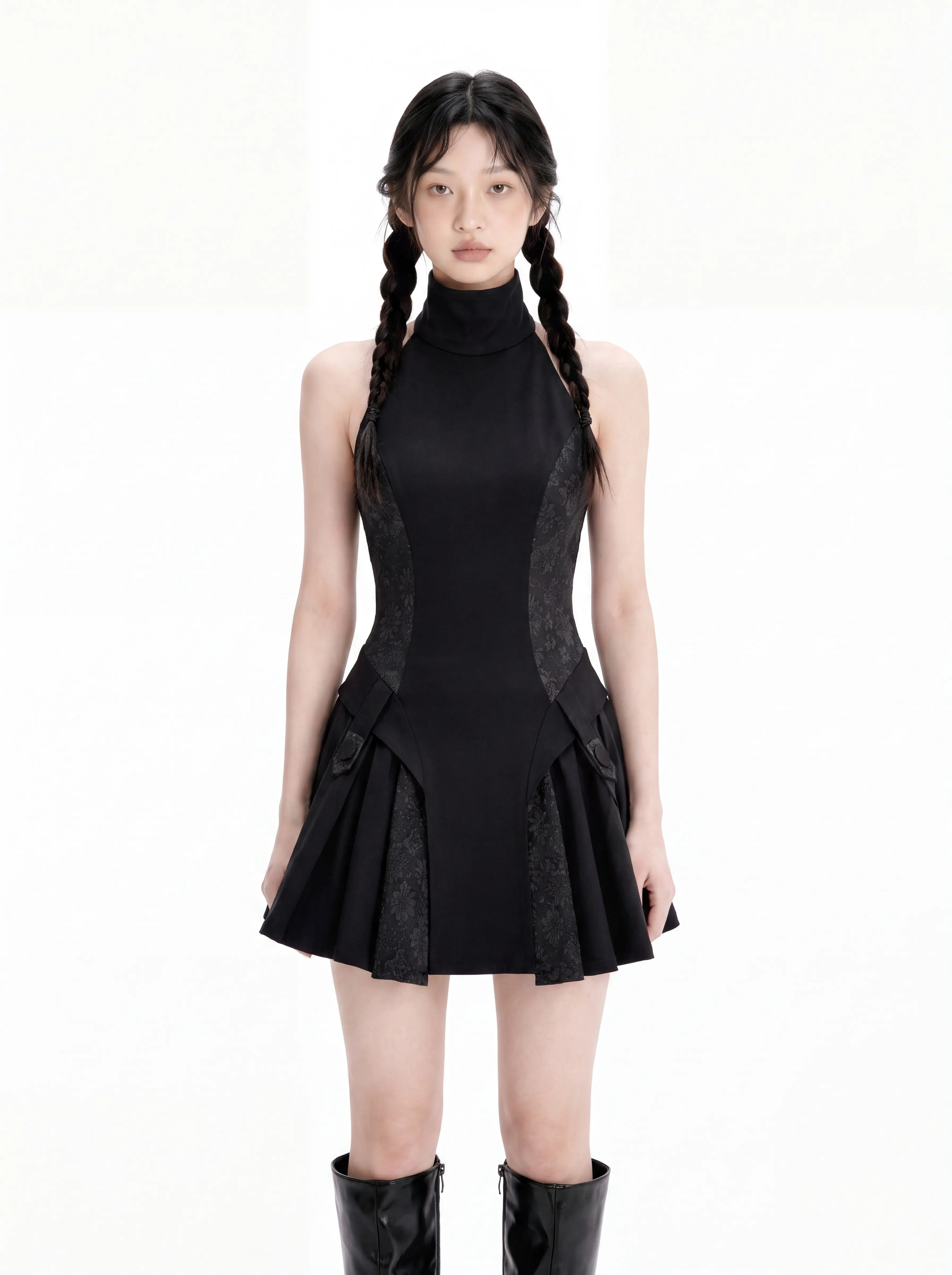 Black High-Neck Halter Mini Dress | Gothic Jacquard Pleated Skirt Dress