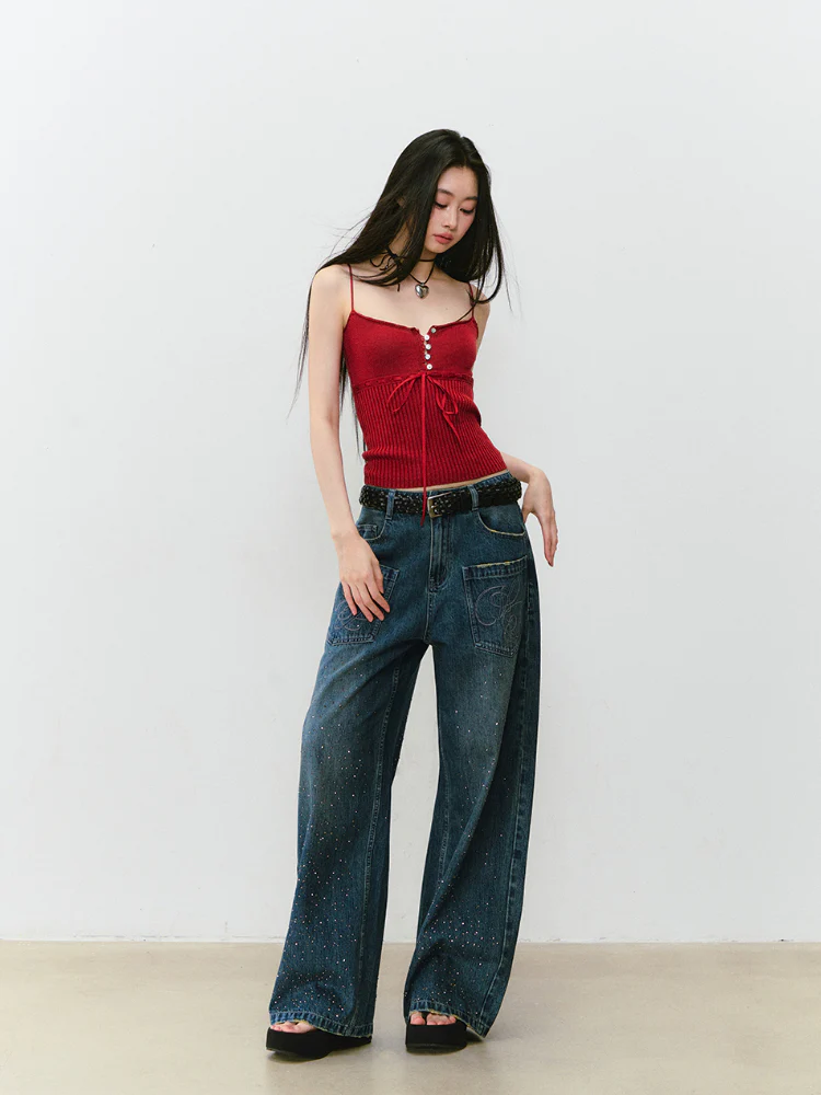 3D Rhinestone Wide - leg Denim Pants
