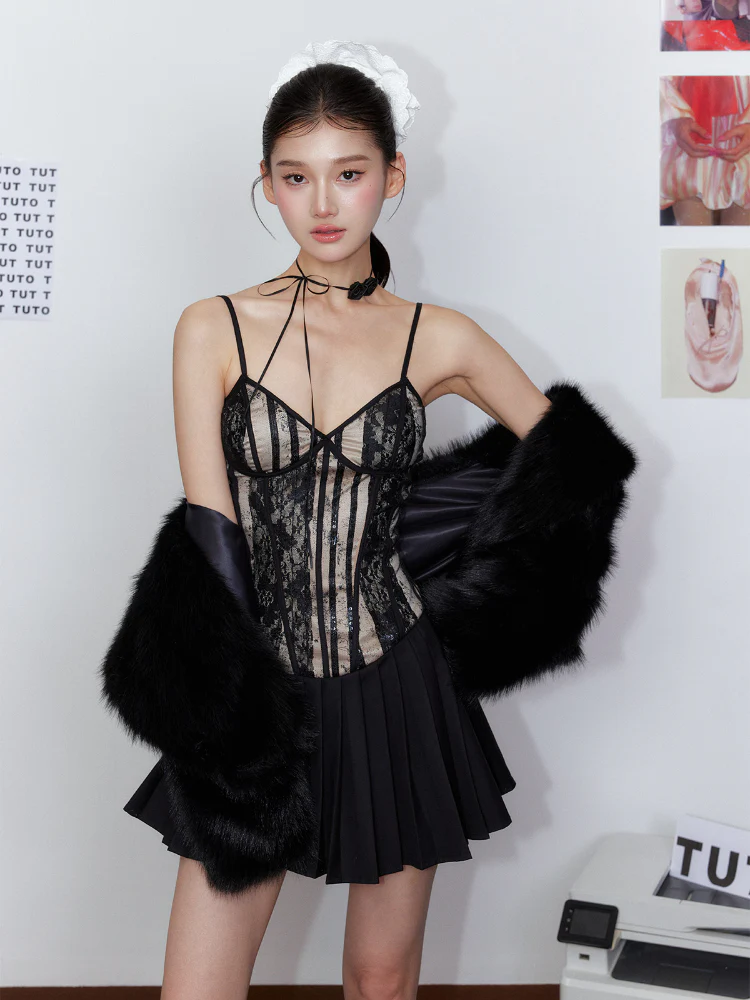 Pleated Lace Waist-Cinching Dress & Coat Set