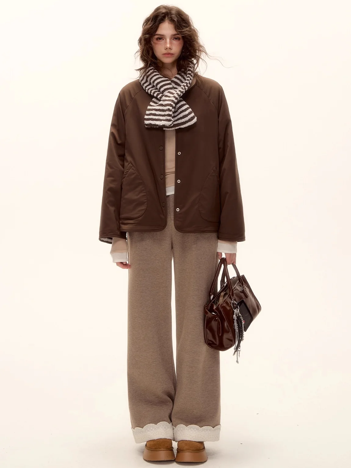 Embroidered Hem Wool Blend Wide-Leg Trousers
