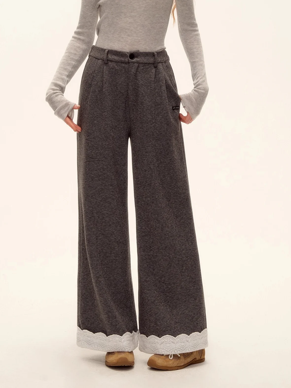 Embroidered Hem Wool Blend Wide-Leg Trousers