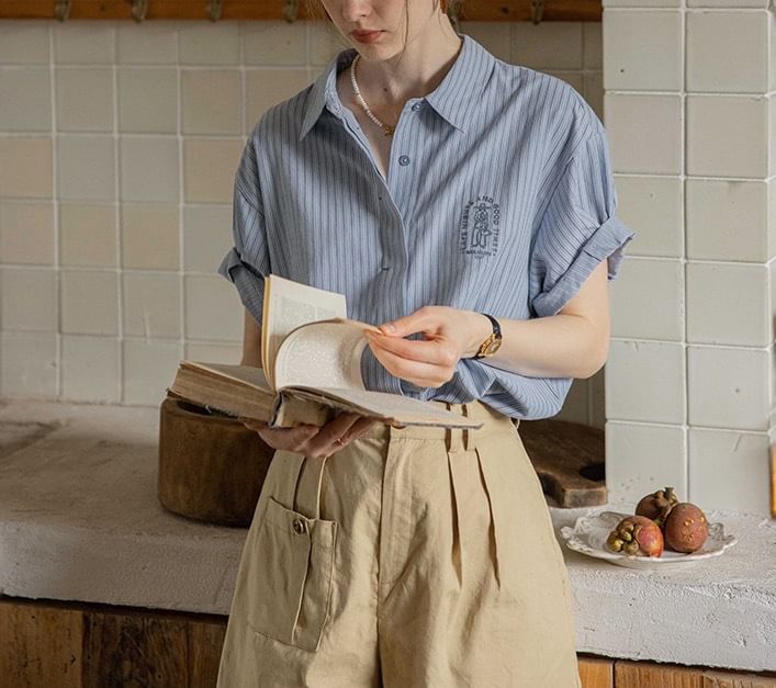Striped Blouse Embroidered Button-Up Collared Elbow-Sleeve