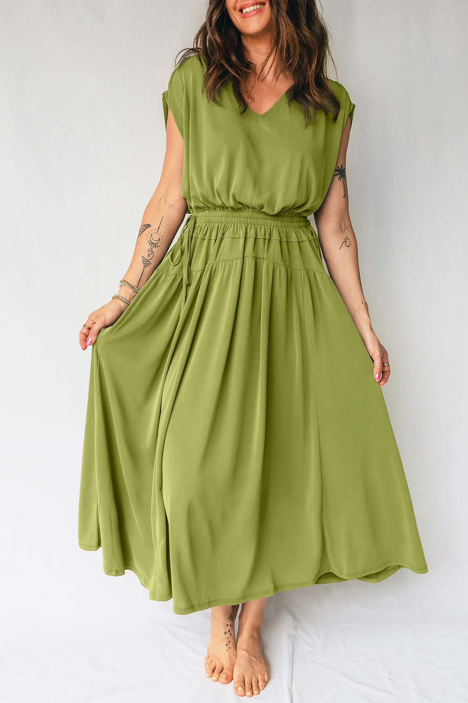 Solid V Neck Cap Sleeve Tunic Elastic Waist Versatile Maxi Dress