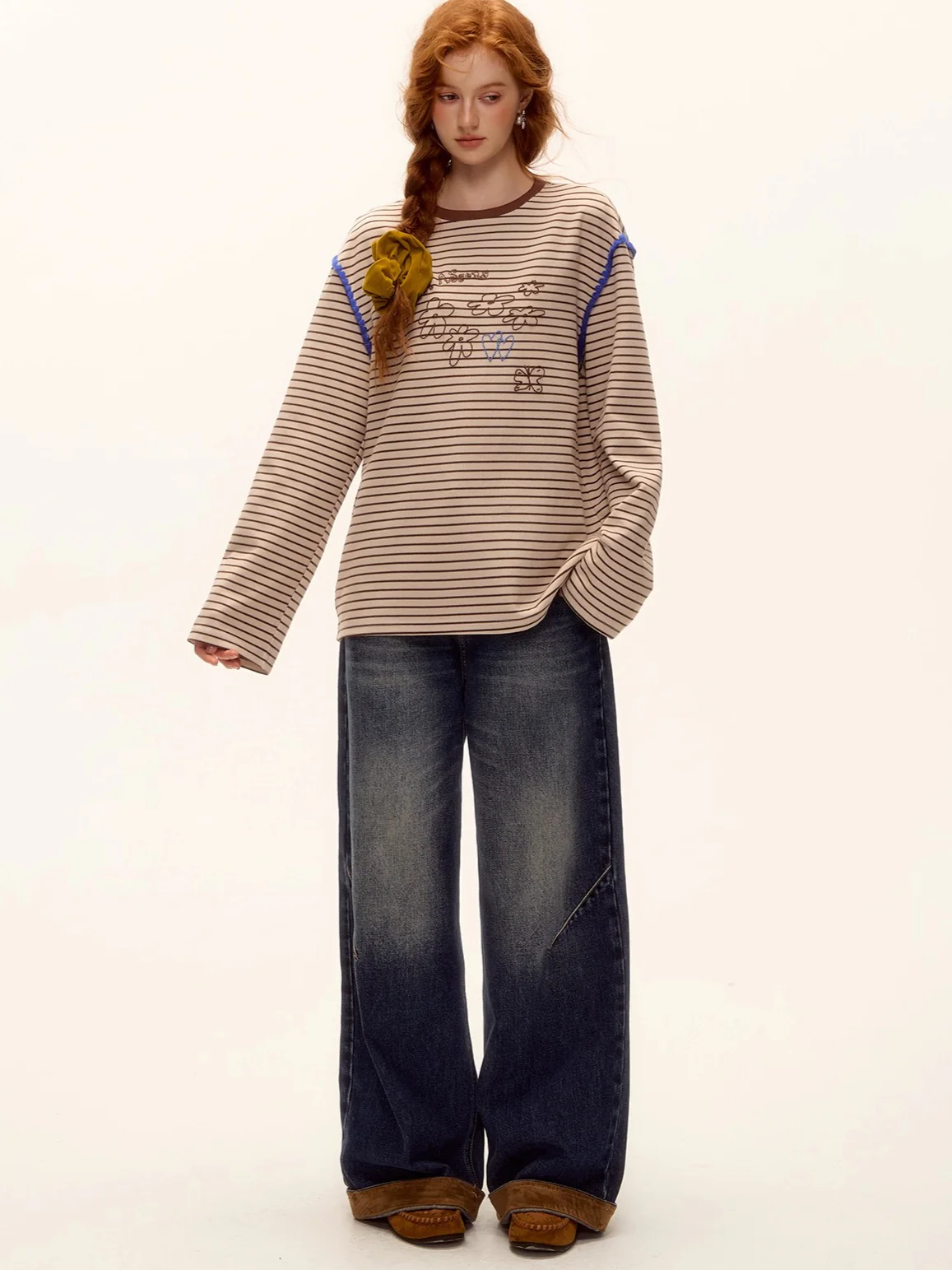 Suede-Panel Washed Denim Wide-Leg Jeans