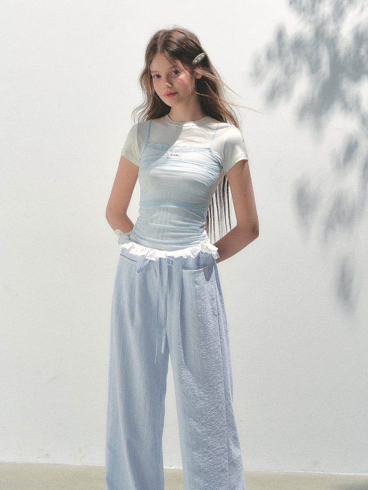 Vertical Striped Drawstring Waist Pink - Blue Pants