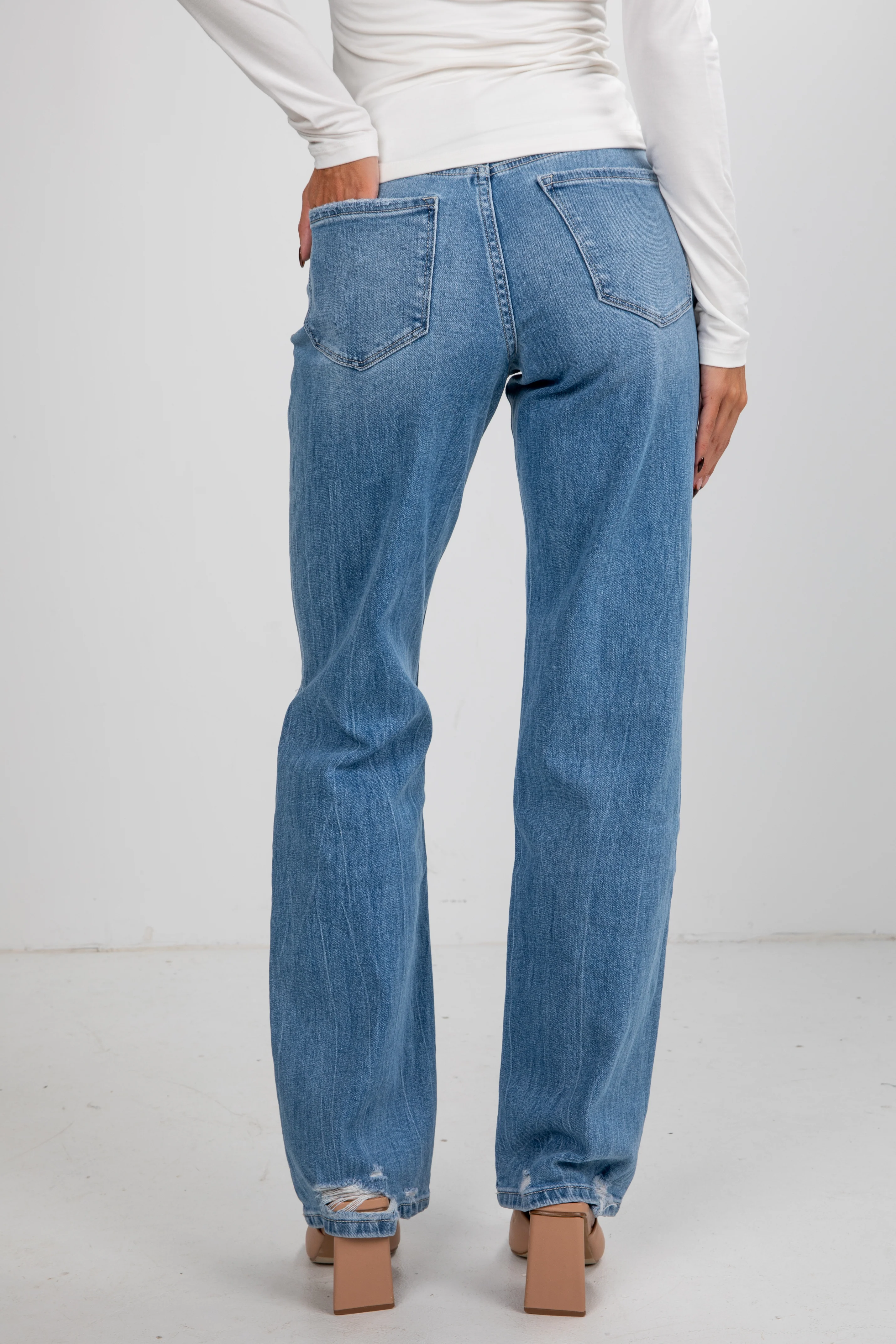Light Wash High-Rise Distressed Slim Wide Leg Jeans