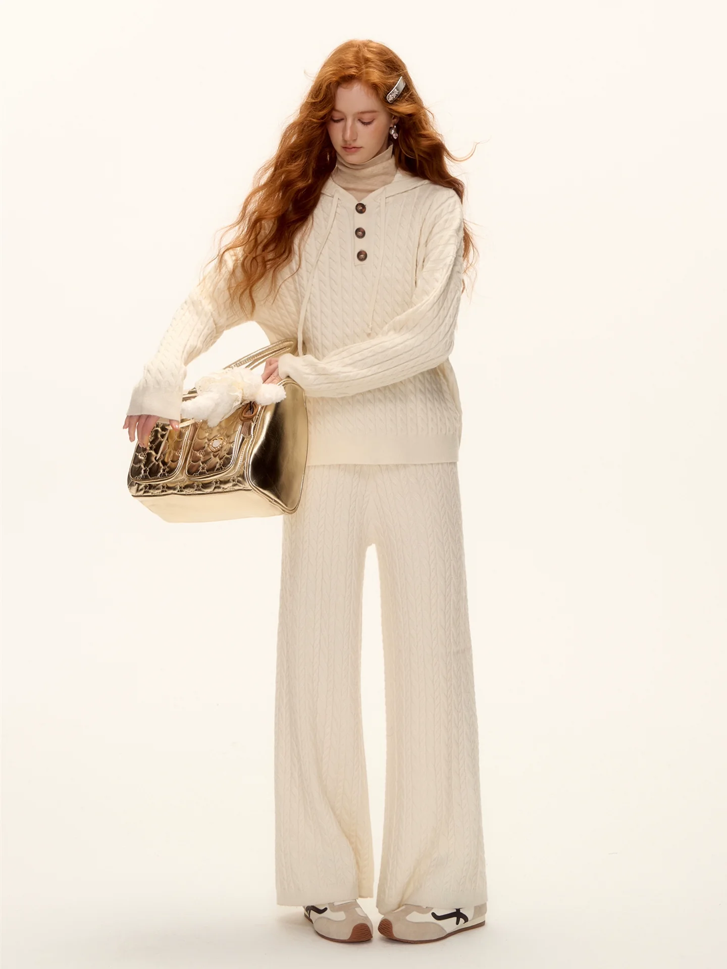 Wool Blend Cable Knit Hoodie & Wide-Leg Pants Set