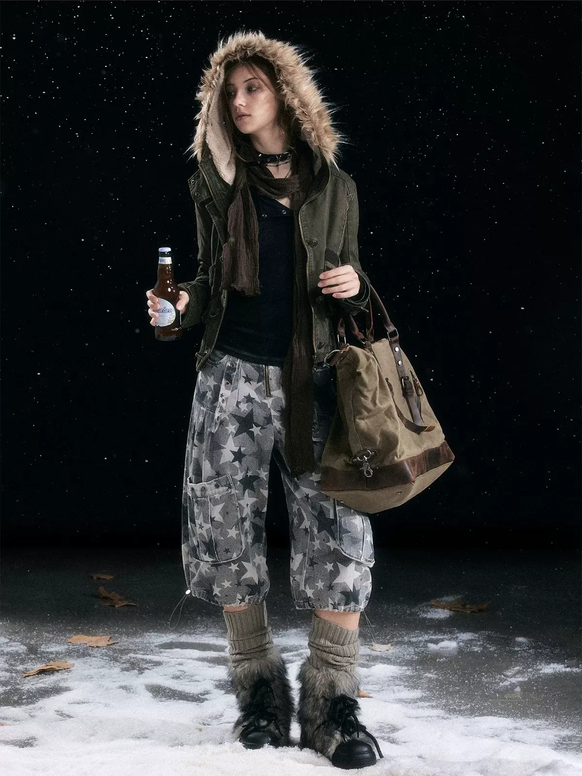 Washed Quilted Fur-Trim Hooded Jacket
