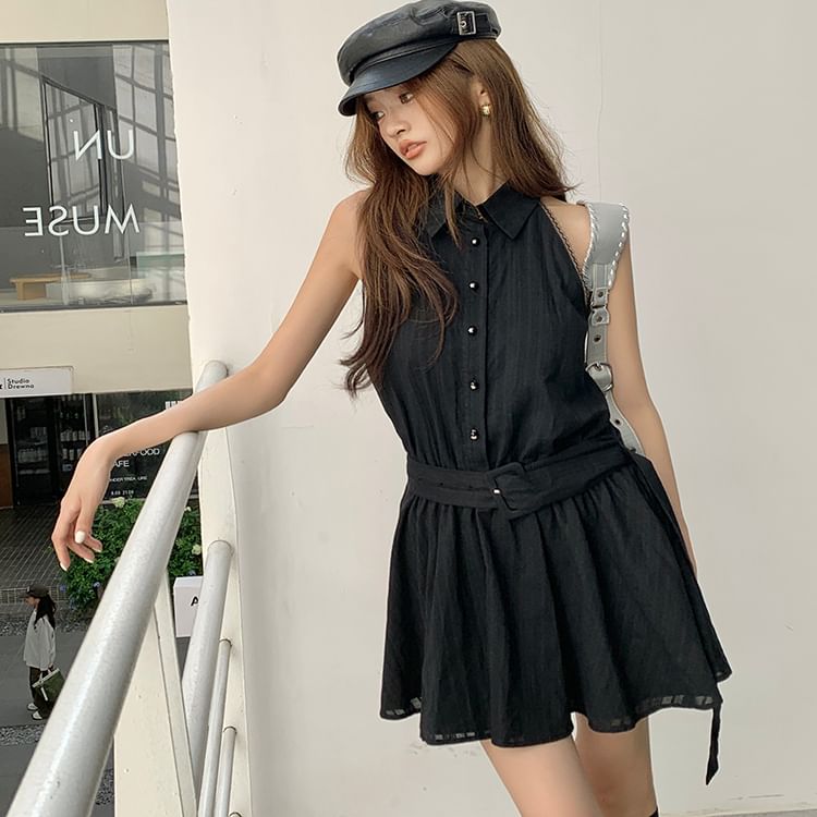 Mini Belted Collared A-Line Dress Sleeveless Striped