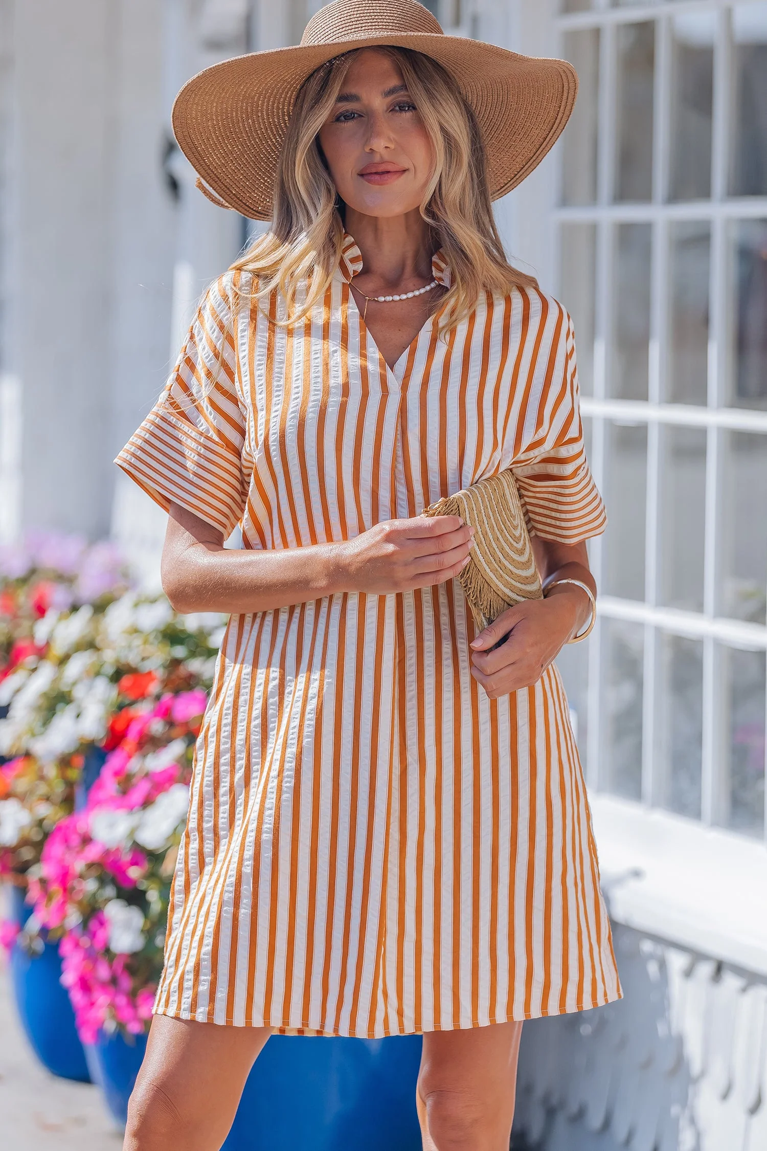 Brown Stripe Pinched V Neck Turn-up Cuffs Shift Mini Dress