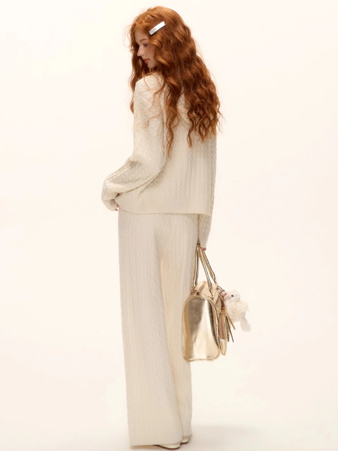 Wool Blend Cable Knit Hoodie & Wide-Leg Pants Set