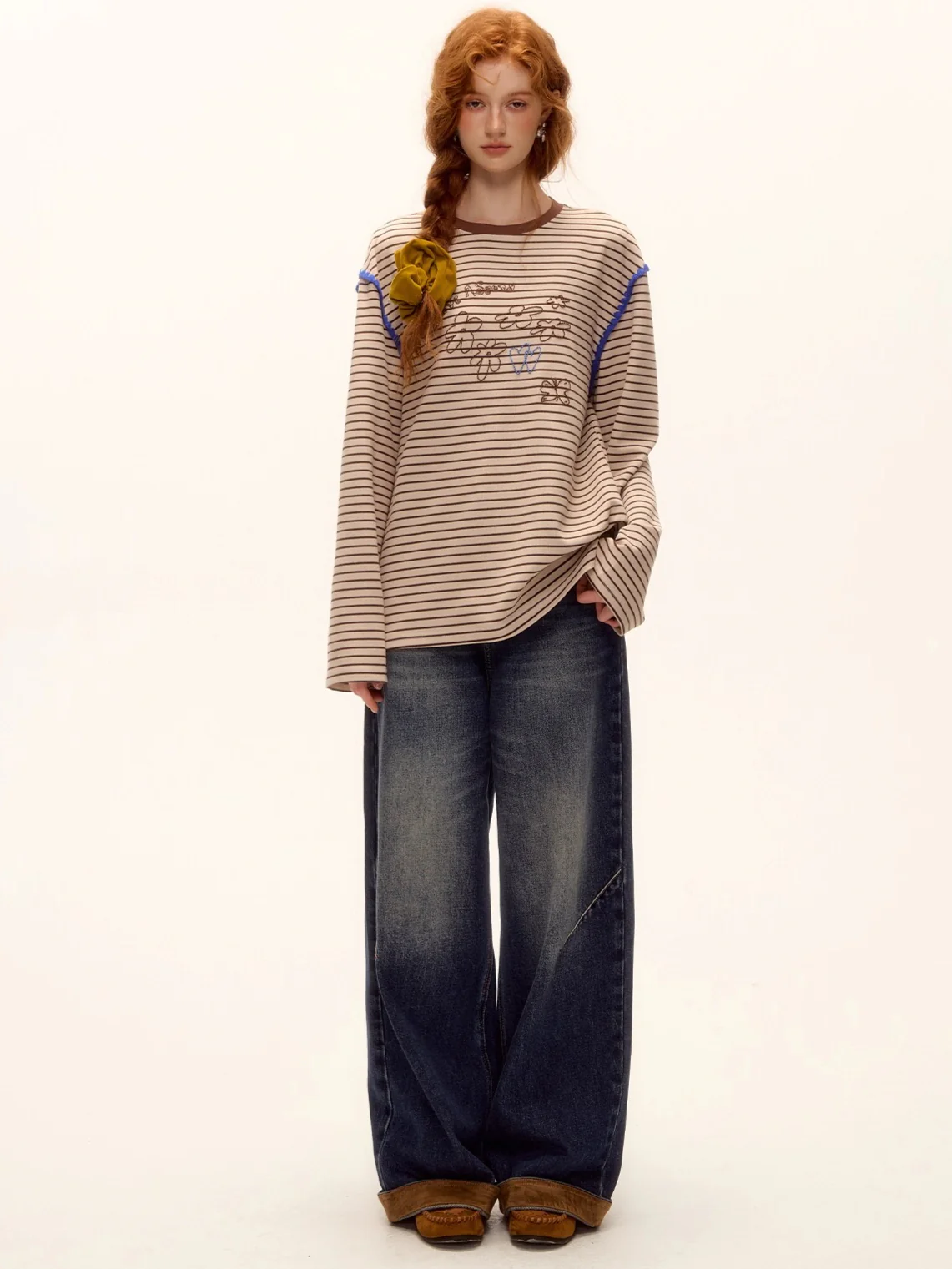 Suede-Panel Washed Denim Wide-Leg Jeans