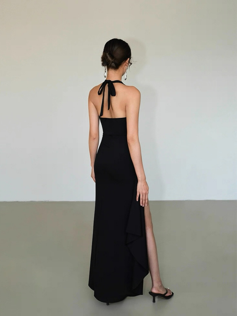 Alicia V-Neck High Slit Halter Tie Knit Dress