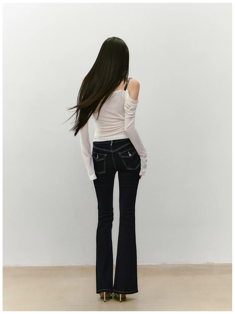 Draped Neck Leather Strap Acetate One-shoulder T-shirt