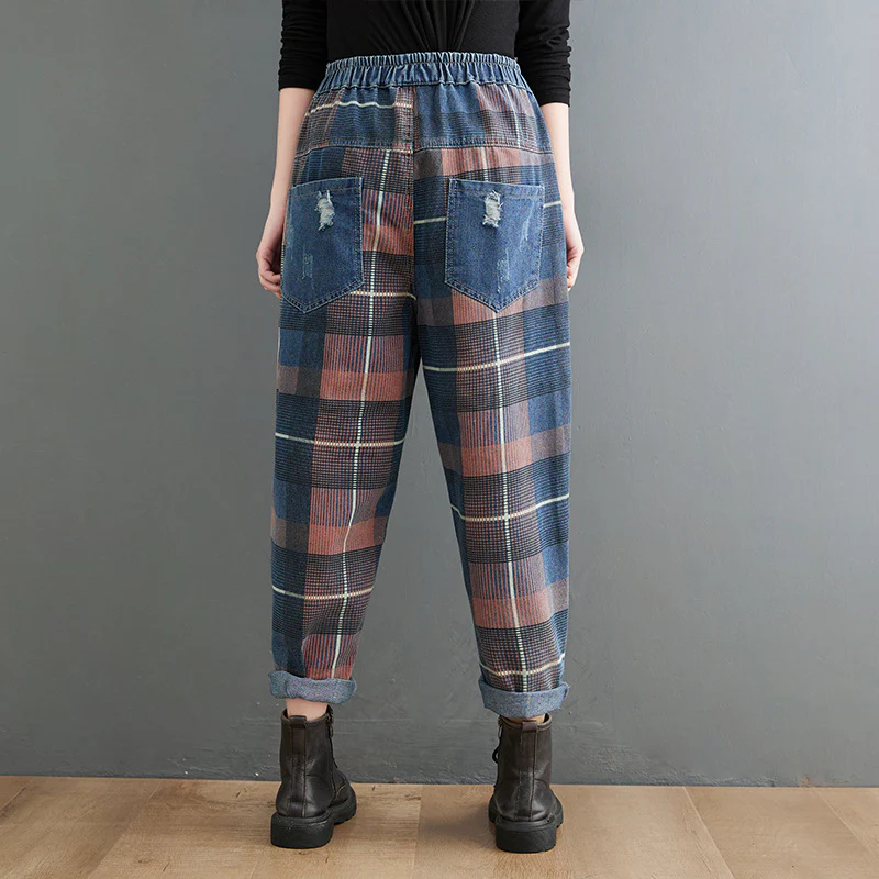 Women Spring Retro Denim Plaid Casual Trousers