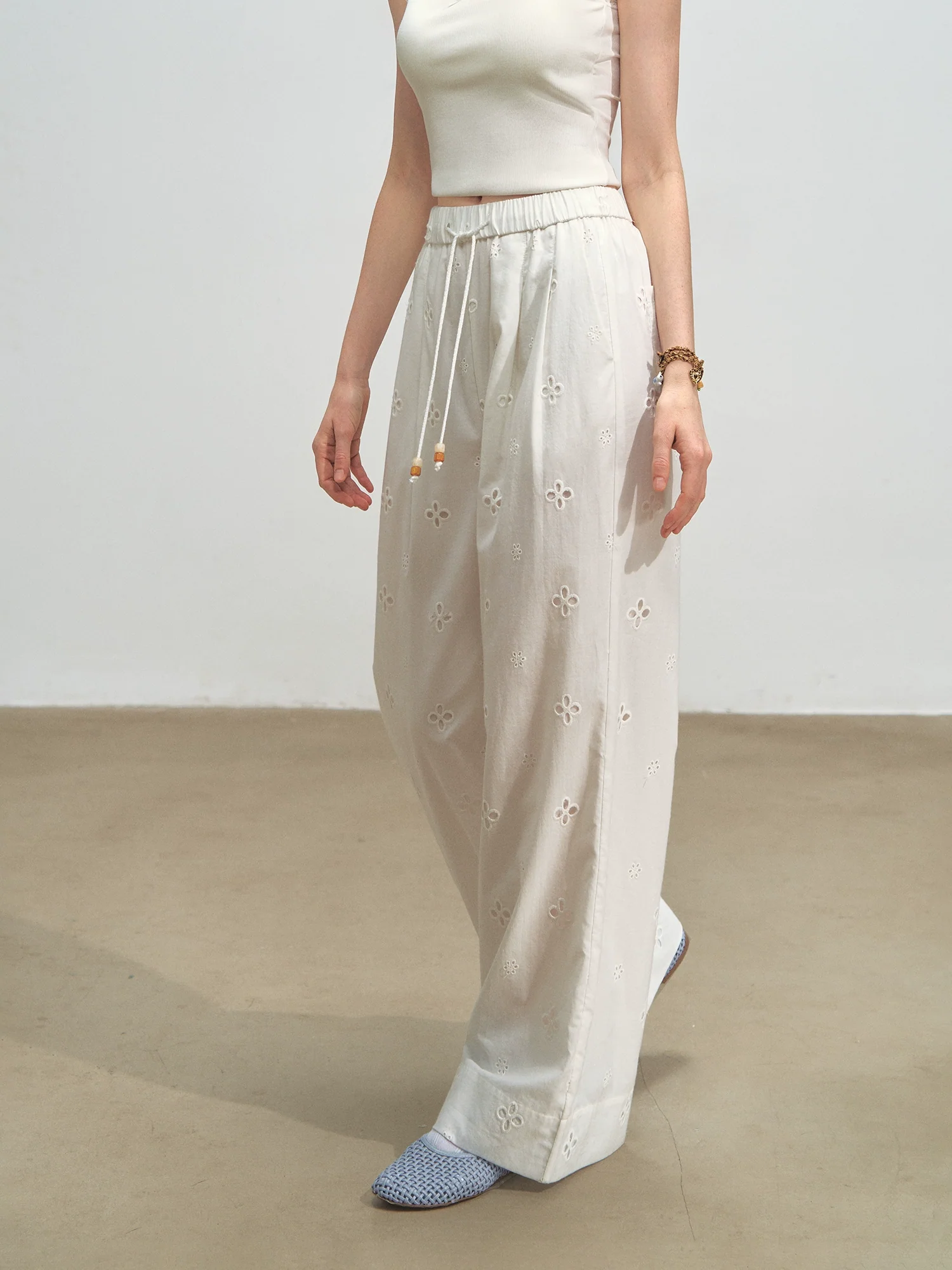 High-Waisted Drawstring Straight Wide-Leg Pants
