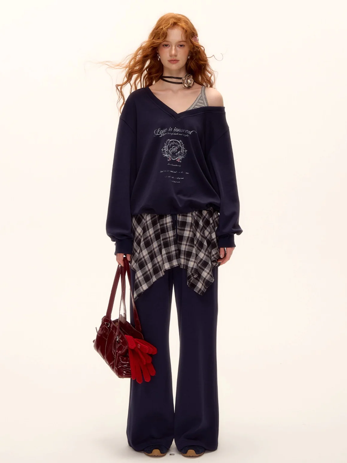 Asymmetric Shoulder Striped Fleece Tracksuit Set