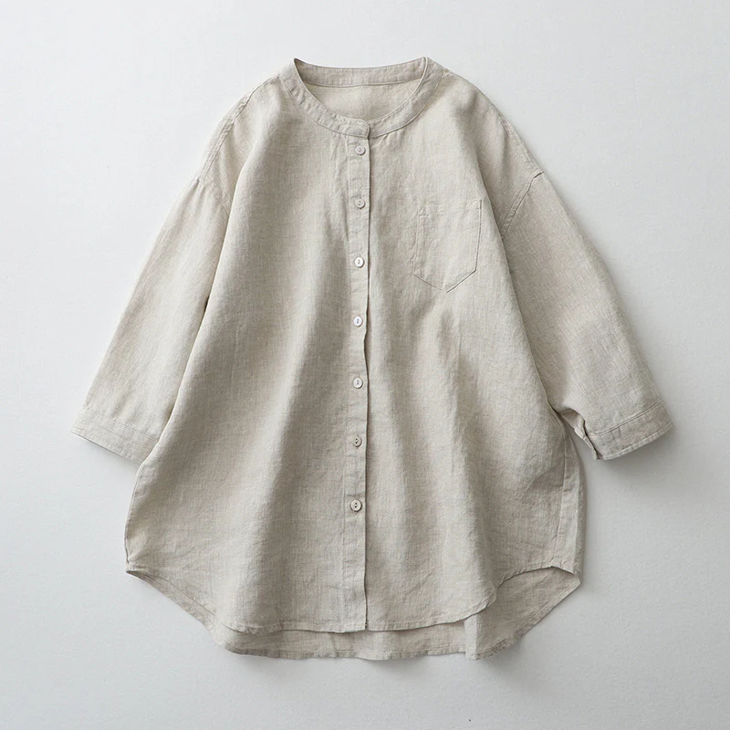 Summer Cotton Linen Stand Collar 3/4 Sleeves Shirt