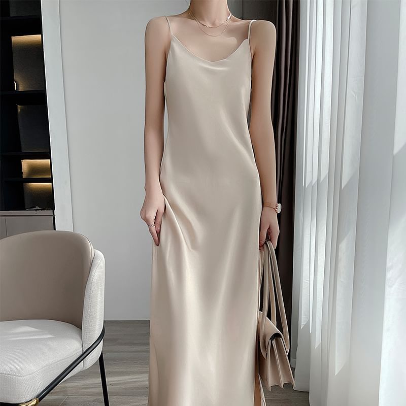 Midi Dress Satin Plain A-Line Strap V-Neck Spaghetti