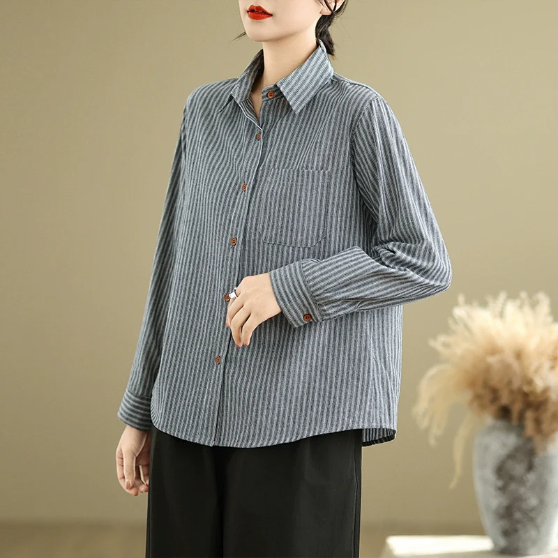 Spring Casual Striped Long-Sleeved Cotton Shirts for Women