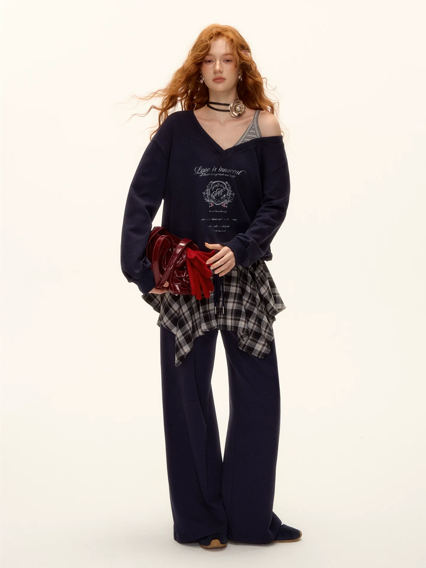 Asymmetric Shoulder Striped Fleece Tracksuit Set