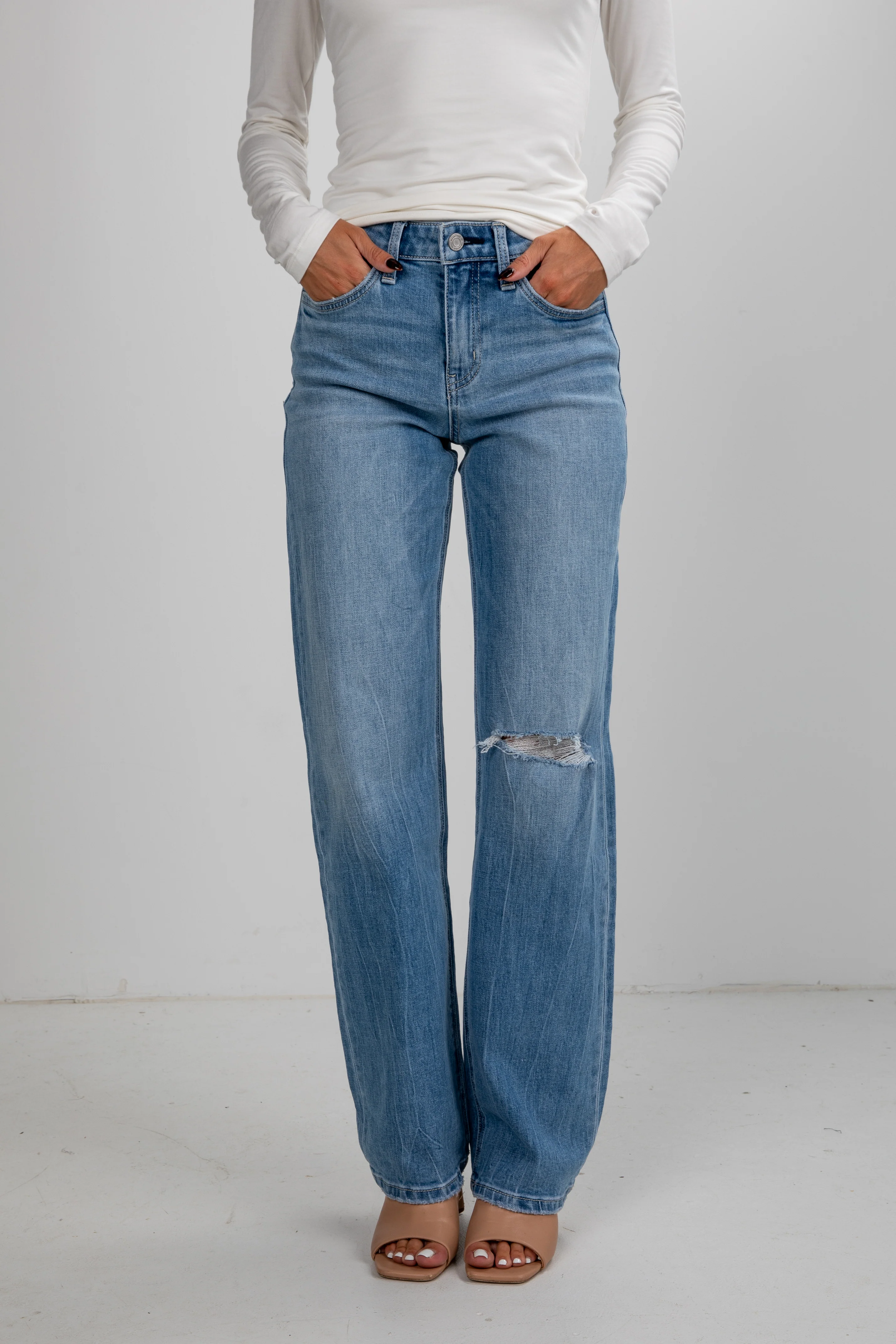 Light Wash High-Rise Distressed Slim Wide Leg Jeans