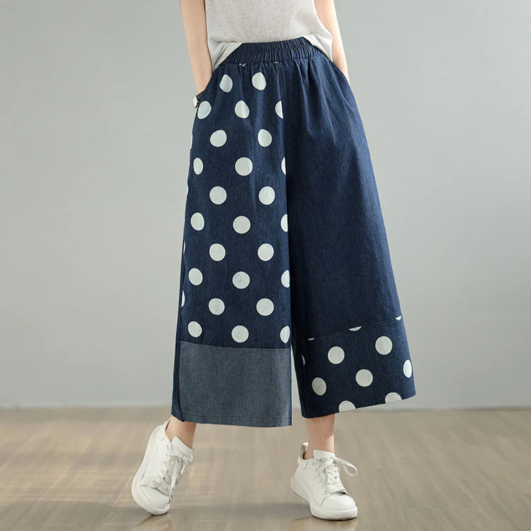 Women Spring Retro Patchwork Polka Dot Denim Pants