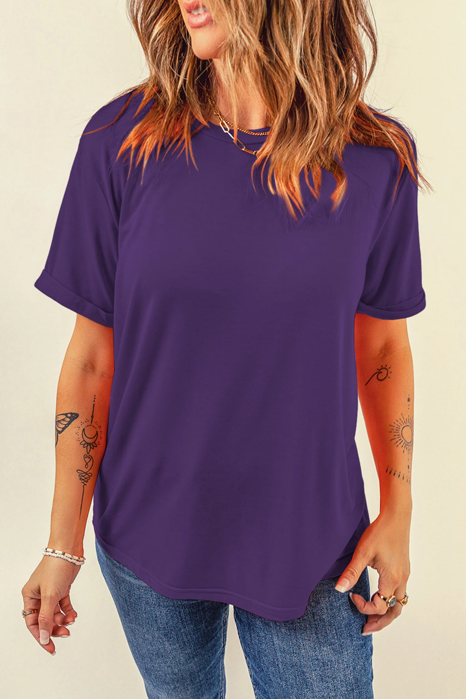 Purple Casual Plain Crew Neck Tee