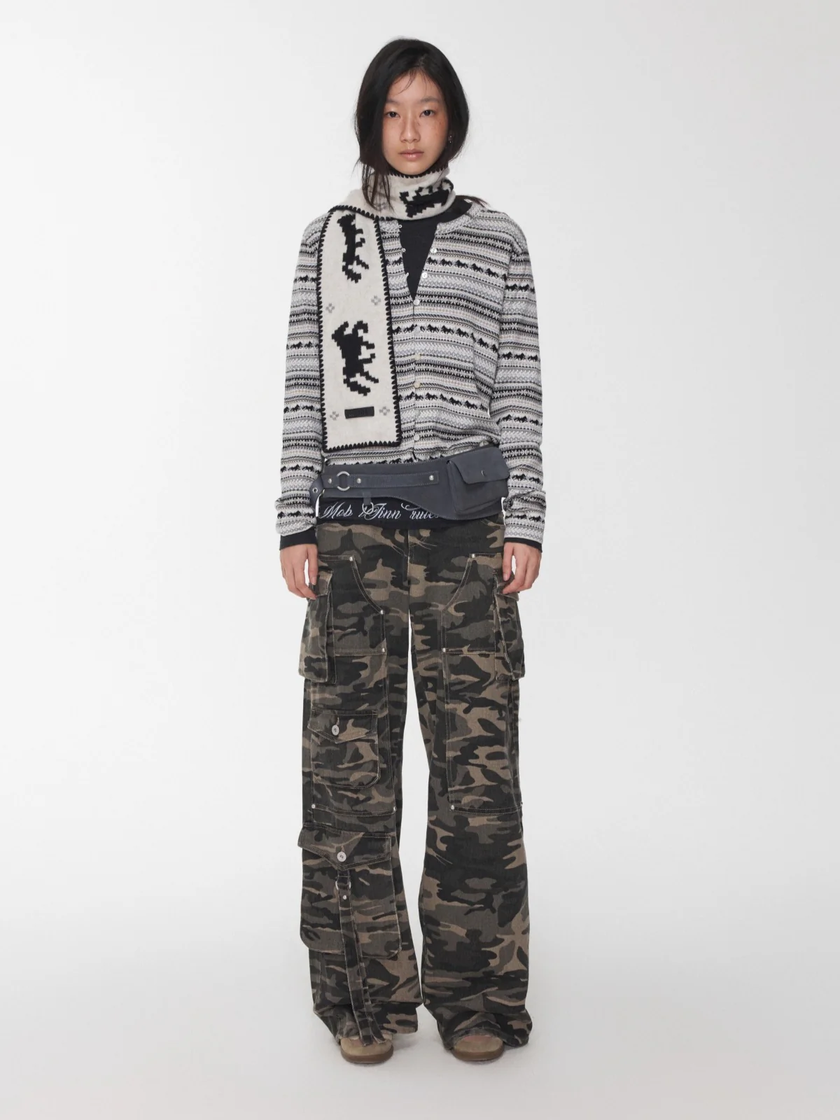 Fair Isle Pony Jacquard Drawstring Knit Cardigan